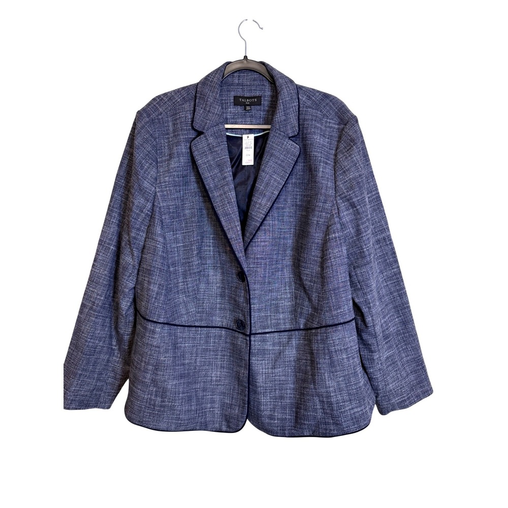 Talbots Plus Blue Textured Two Button Blazer Jacket Navy Piping 22W NWT 53475596